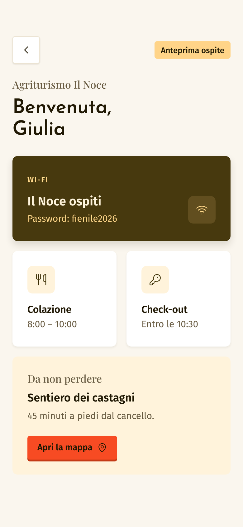 La guida ospite di Fattore: Wi-Fi, colazione, check-out e un consiglio sul sentiero dei castagni.